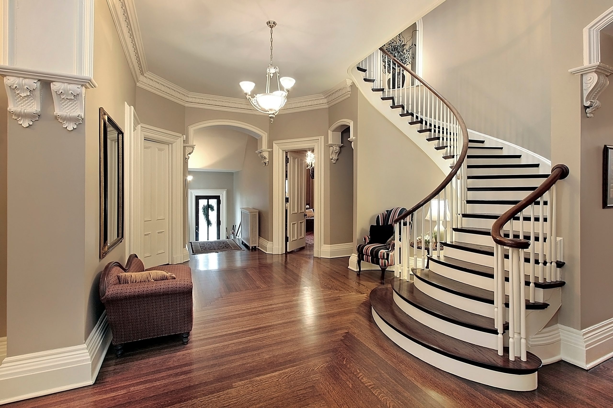 Foyer in traditional suburban home with curved staircase